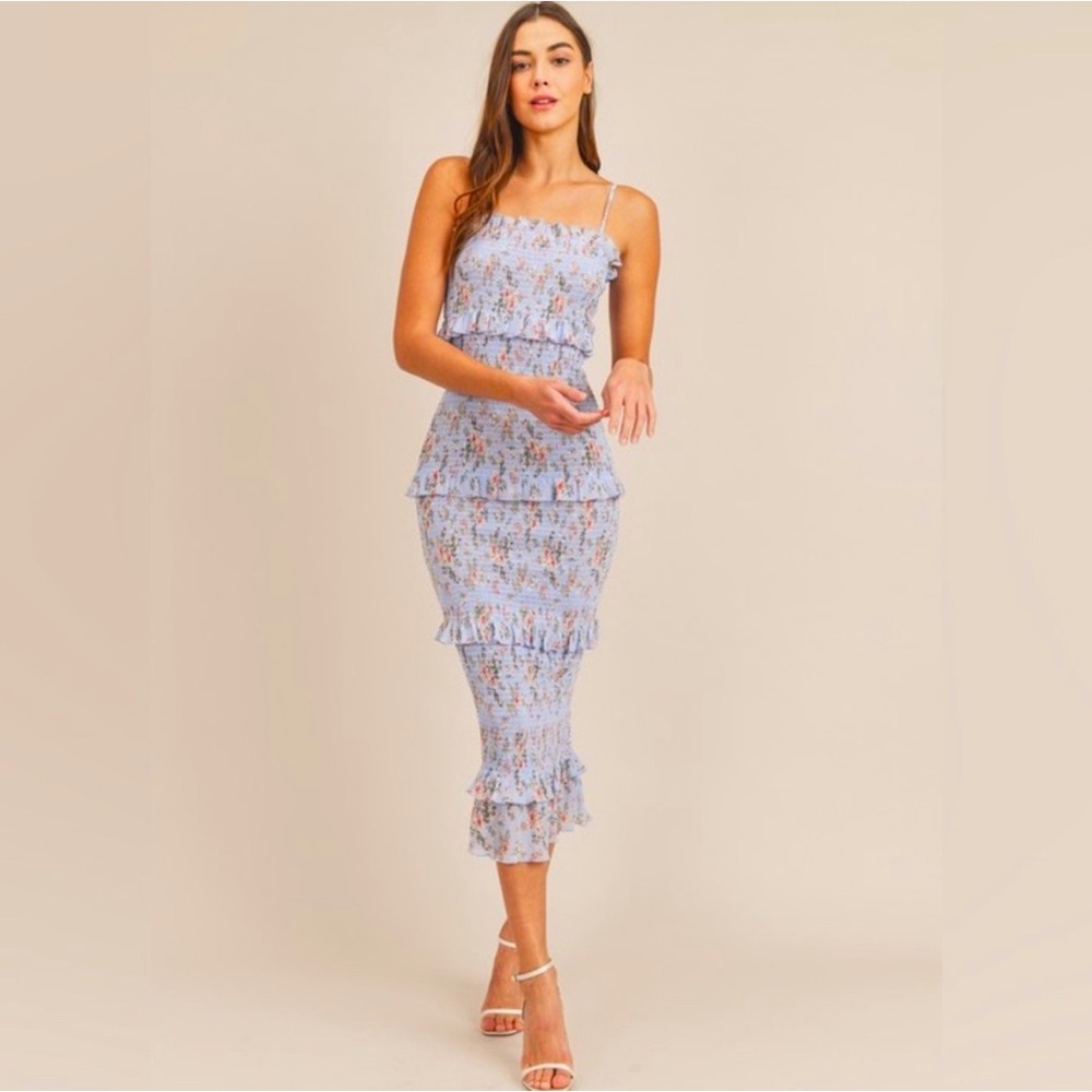 Blue Floral Midi Dress with Ruffle Tiers